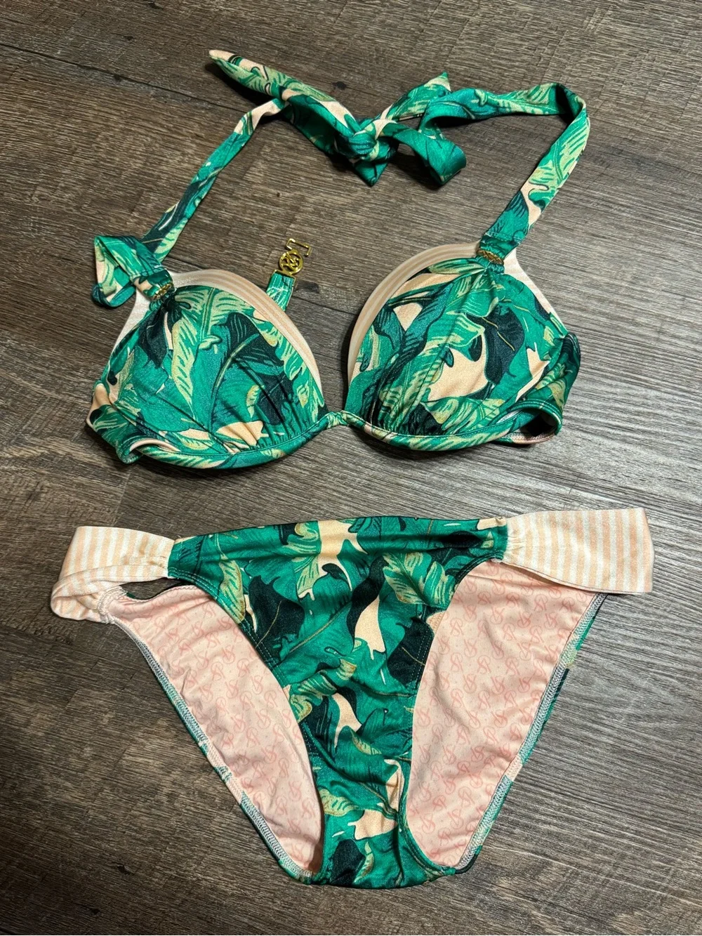 Victoria's Secret Bombshell Bikini Green Palm Leaf Print Bikini Set 34C/Med - Picture 2 of 11
